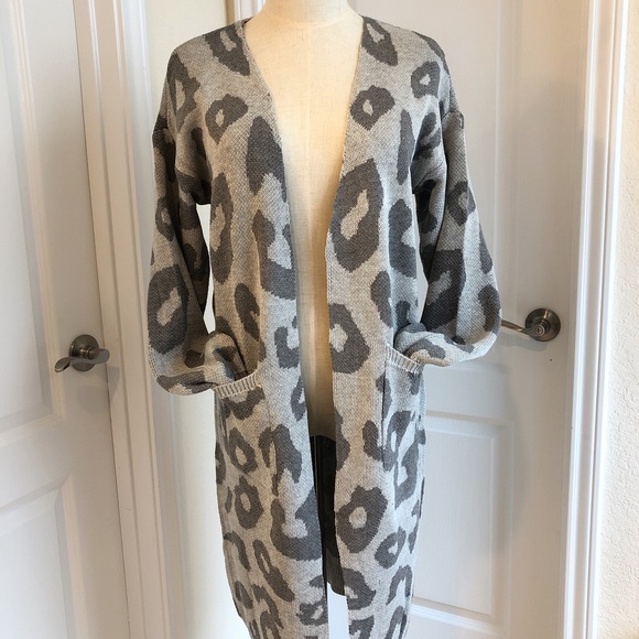 Sale Leopard print long sweater Coat cardigan Gray - Picture 2 of 7